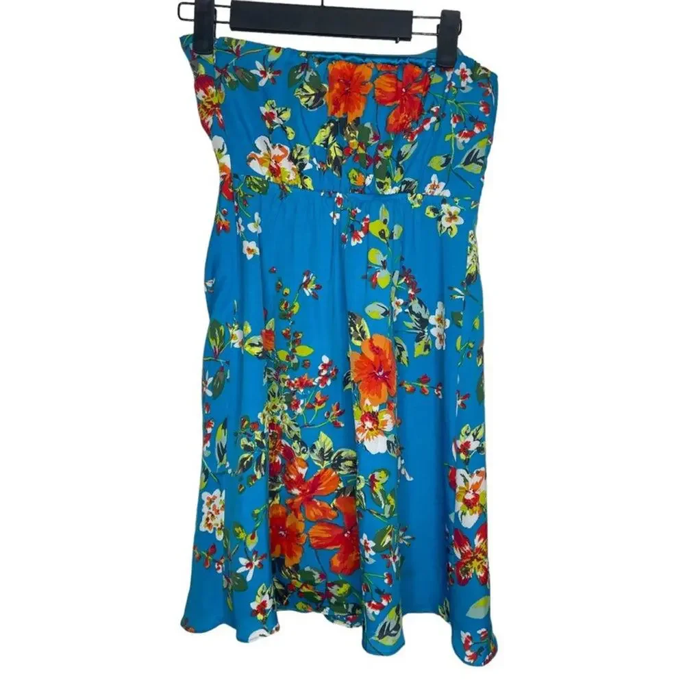 Express Womens Dress Size 0 Strapless Floral Blue Lined Mini Short Casual Wear - Picture 2 of 16